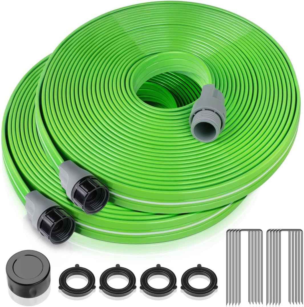 LAVEVE Heavy Duty Sprinkler Soaker Hose 100 FT, Flat Garden Hose with Holes | Efficient Flexible Irrigation Hose for Yard, Lawn and Garden, Includes Stakes (50FT x 2Pack)