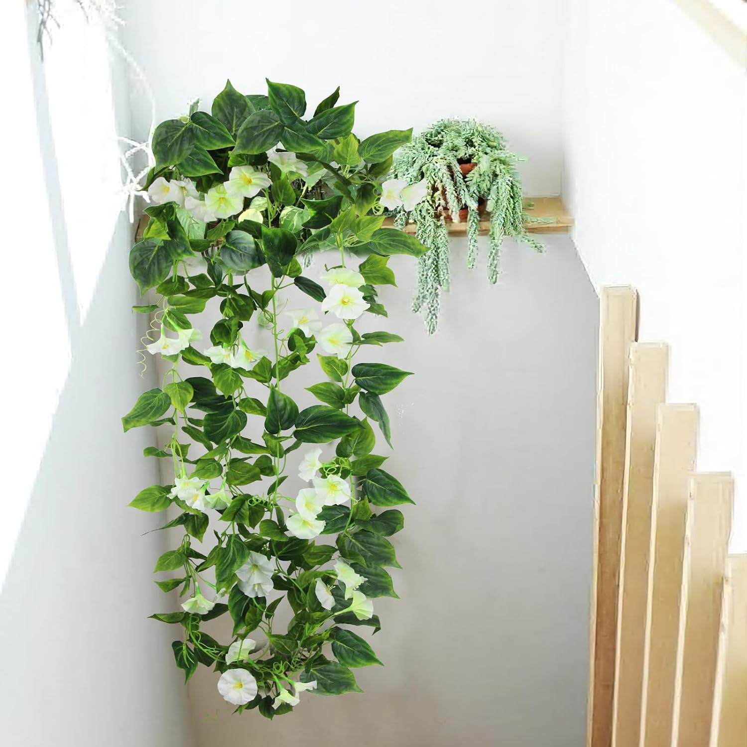CISDUEO 2 Pcs Artificial Vines Silk Morning Glory Vines for Outdoor 15Feet Hanging Plants Garland White Fake Green Plant Morning Glories for Home Decor Wall Fence Stairway Wedding Hanging Baskets