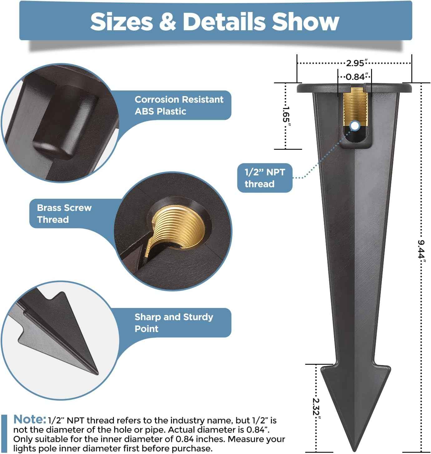 ABS Ground Spikes Stakes Replacement with Brass Insert, 1/2" NPT Thread Side Wire Way, Larger Size 9.44'' x 2.95'' for Landscape Path Lighting, Spotlight, Floodlight (2 Pack)
