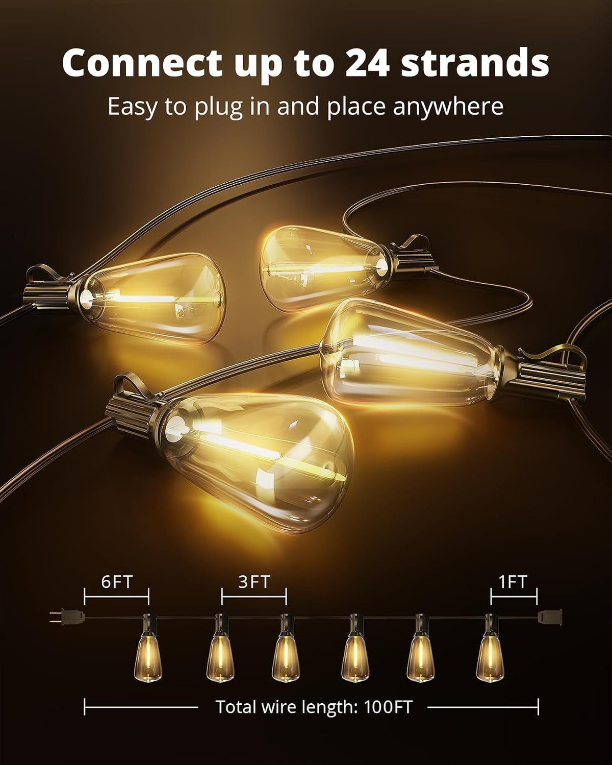 VIPAR Outdoor Lights,100FT ST38 Patio String Lights Waterproof for Outside | ETL, Vintage LED Edison Bulbs,Connectable, Shatterproof,Waterproof,2700KDimmable for Backyard Porch Balcony Garden Deck Decor