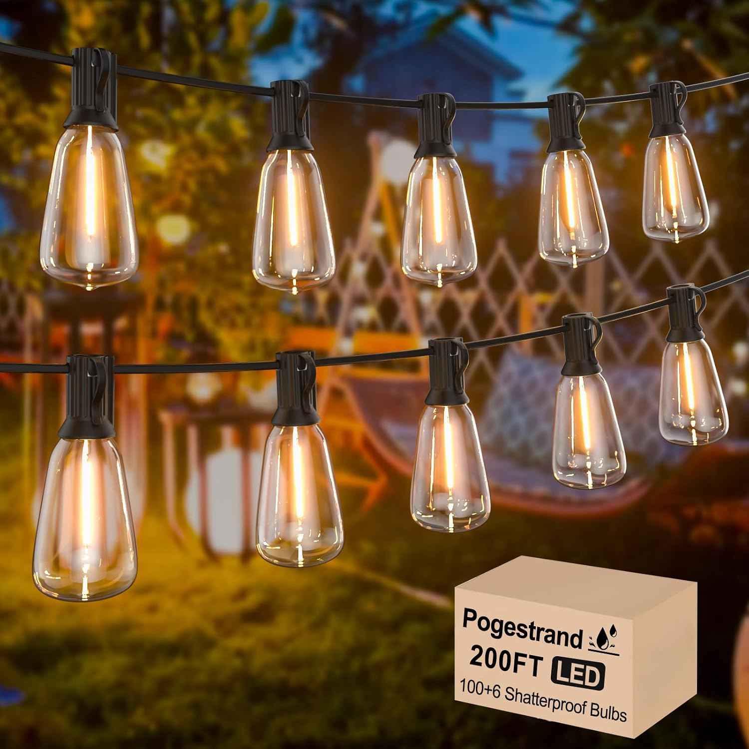 200FT ST38 Outdoor String Lights with 100 1W Plastic Shatterproof Bulbs | Pogestrand 2200K Warm White Waterproof LED Edison Hanging Connectable Patio String Lights for outside,Backyard,Bistro,Porch