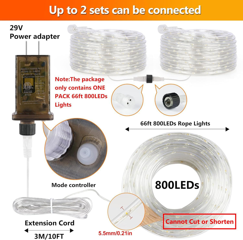 OMIKA Connectable 66FT 800LED Thin Rope Lights Outdoor, 0.21 Inch Diameter, Warm White Fairy Lights Plug in, Outdoor String Light Waterproof Lighting for Deck Patio Yard Garden Pathway Camping Decor