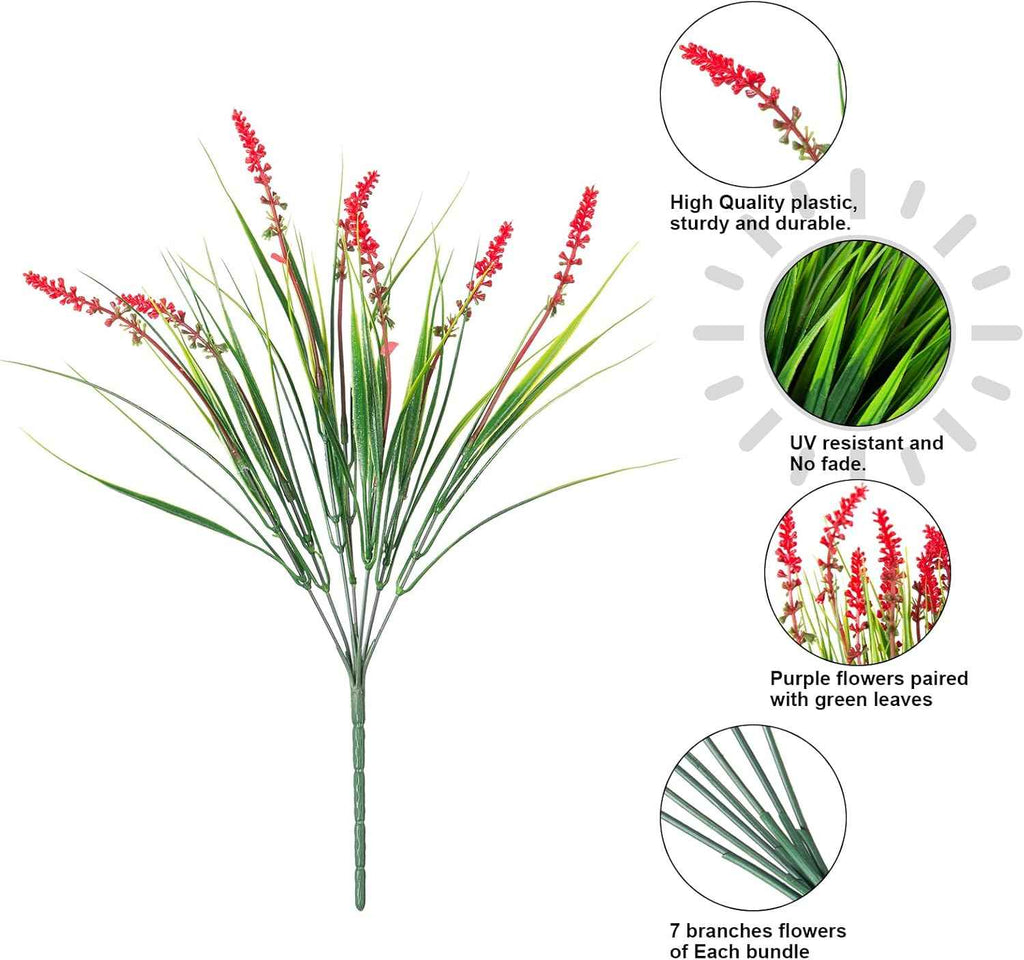 HyeFlora Artificial Fake Flowers Outdoor Plants for Summer Decoration,10 Bundles Faux Plastic Tall Monkey Grass Greenery UV Resistant Realistic Lavender for Home Planter Window Porch Garden-Red