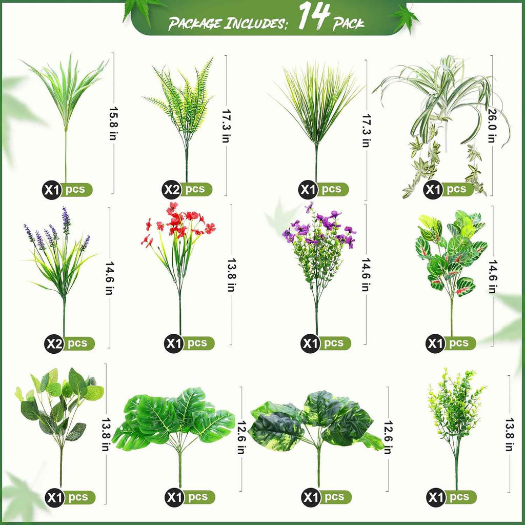 14 Bundles Artificial Plants Flower Outdoor, UV Resistant Faux Greenery with Flowers & Cascading Vines, Fake Plants for Planters, Window Boxes, Hanging Baskets & Garden Decor