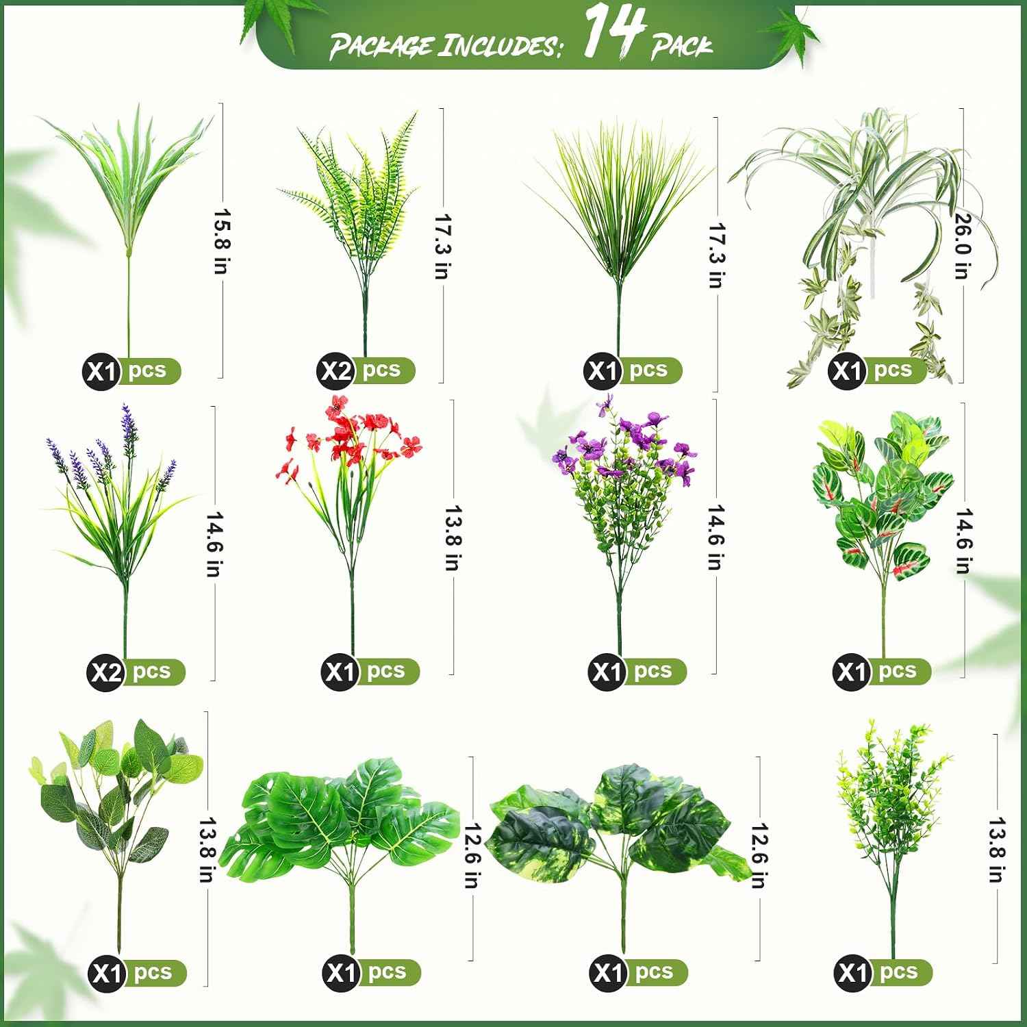 14 Bundles Artificial Plants Flower Outdoor, UV Resistant Faux Greenery with Flowers & Cascading Vines, Fake Plants for Planters, Window Boxes, Hanging Baskets & Garden Decor