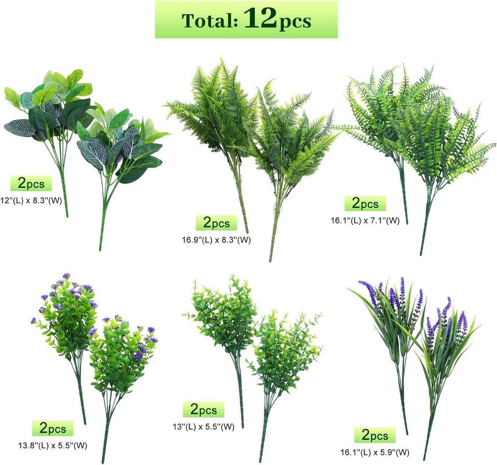 INQCMY Fake Plants for Outdoor Planter Artificial Greenery for Outsides | 12 Bundles,UV Resistant,Realistic Faux Fern Eucalyptus Lavender For Front Door porch,Garden,Patio Yard Spring Home Decor