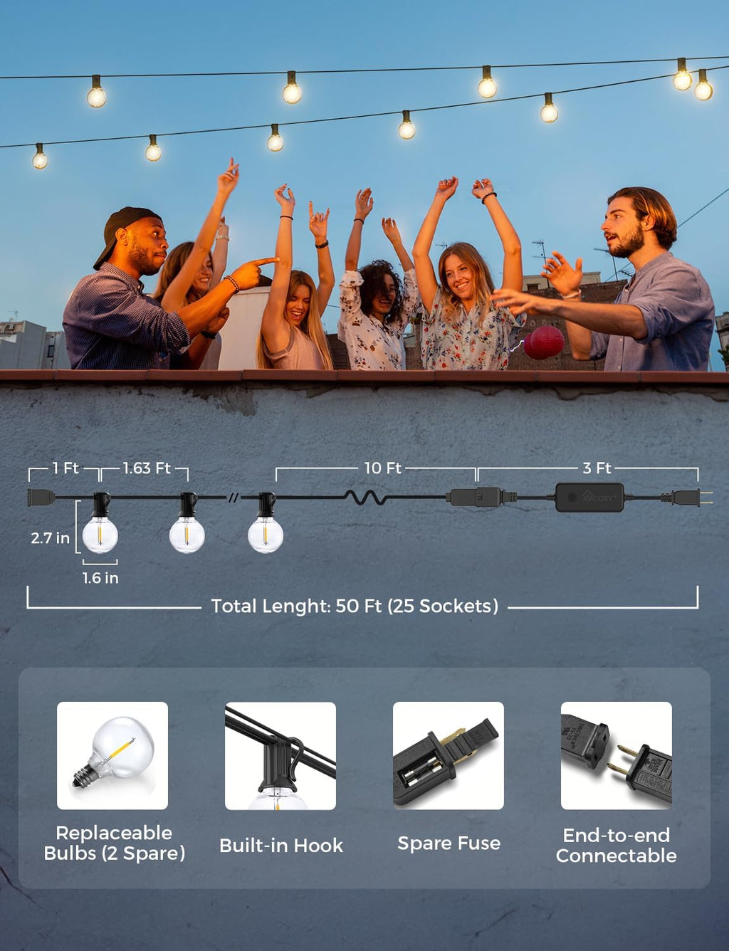XMCOSY+ Patio Lights, Smart 50Ft Outdoor String Lights with 25 G40 Bulbs | Dimmable LED Globe Bulbs, APP Control, Works with Alexa, IP65 Waterproof, Connectable Design for Outdoor Patio Decor