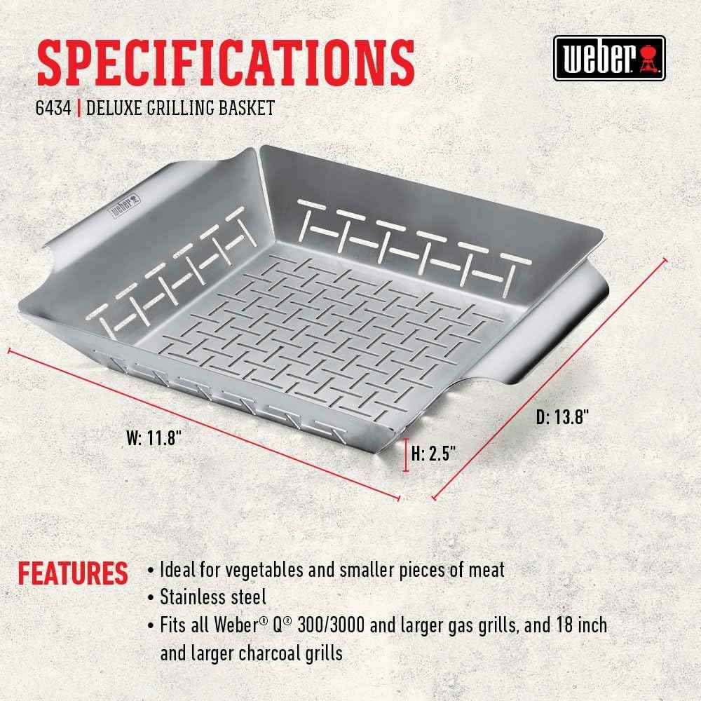 Weber® Deluxe Grilling Basket, Stainless Steel for Goourmet Grilling | Weber® Grill Basket for Vegetables, Seafood & Small Foods, Durable BBQ Cooking Accessory for Charcoal & Gas Grills