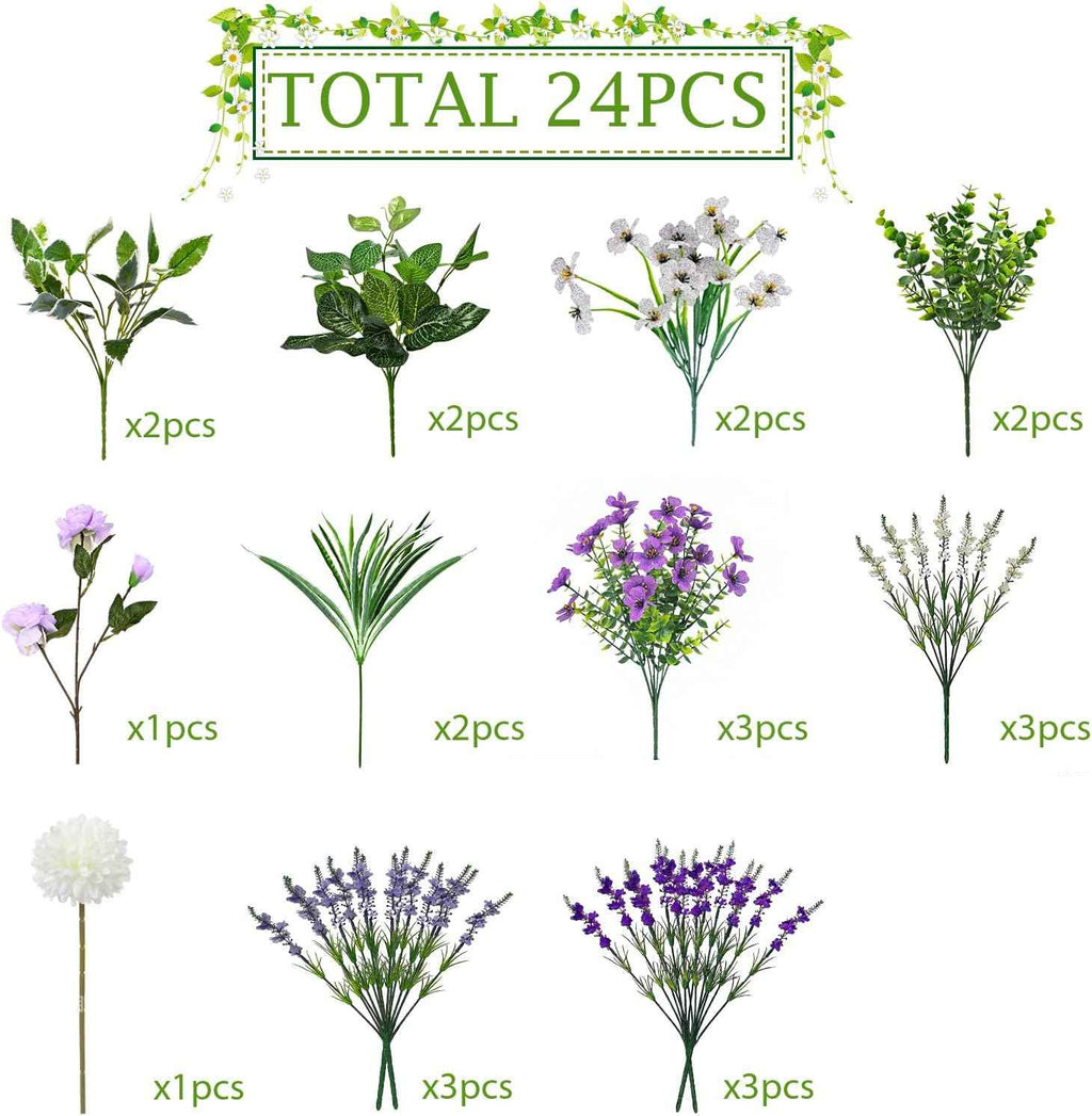 24Pcs Artificial Plants for Outdoor Faux Greenery & Flowers with Plastic Leave UV Resistant Fake Stems for Indoor Outside Garden Porch Window Box Home Décor