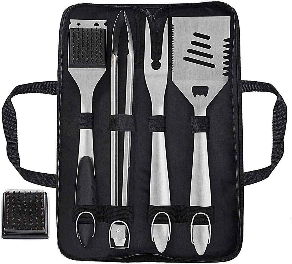 grilljoy 8PCS BBQ Grill Tools Set with Extra Thick Stainless Steel Spatula, Fork, Tongs & Cleaning Brush - Complete Barbecue Accessories Kit with Portable Bag - Perfect Grill Gifts for Father's Day
