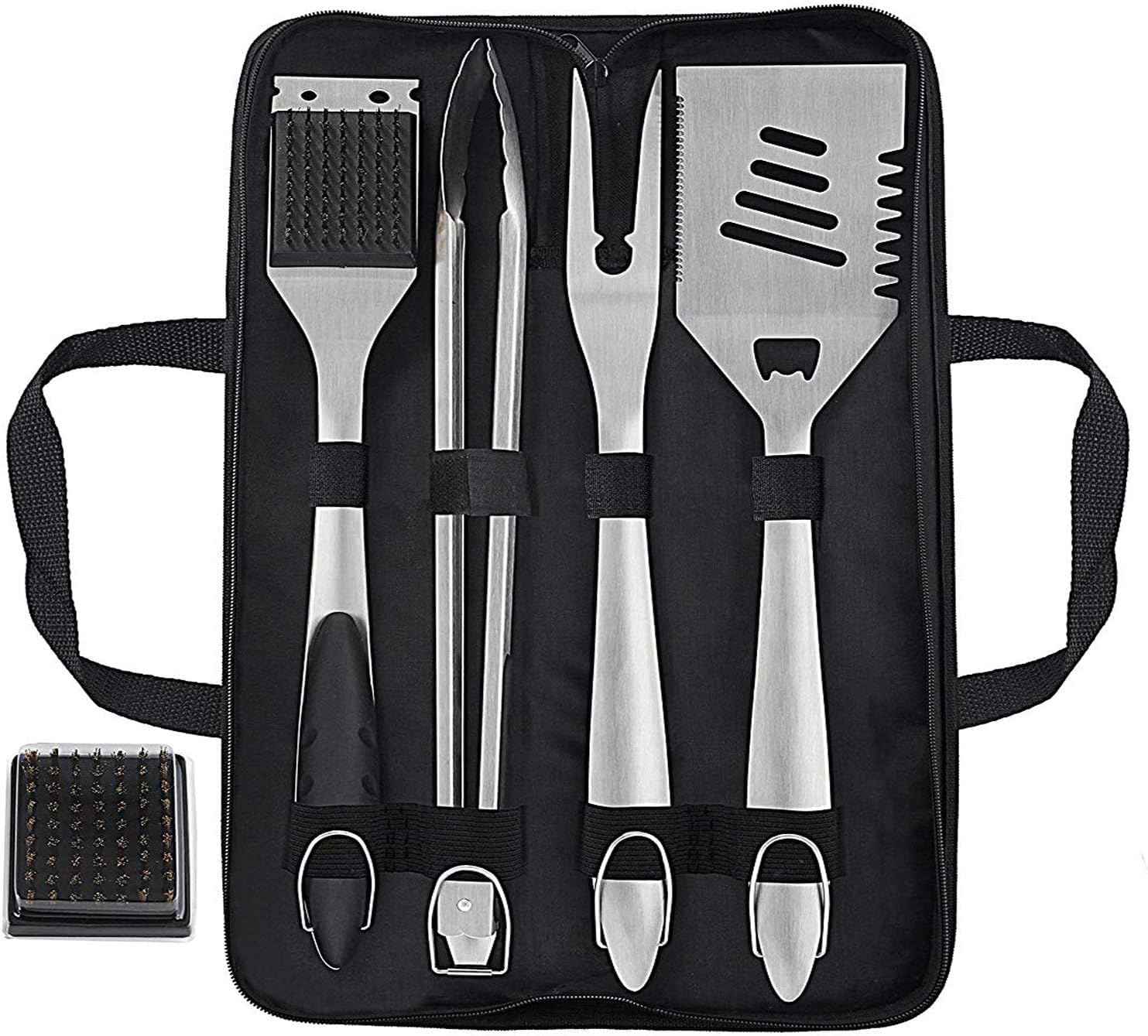 grilljoy 8PCS BBQ Grill Tools Set with Extra Thick Stainless Steel Spatula, Fork, Tongs & Cleaning Brush - Complete Barbecue Accessories Kit with Portable Bag - Perfect Grill Gifts for Father's Day