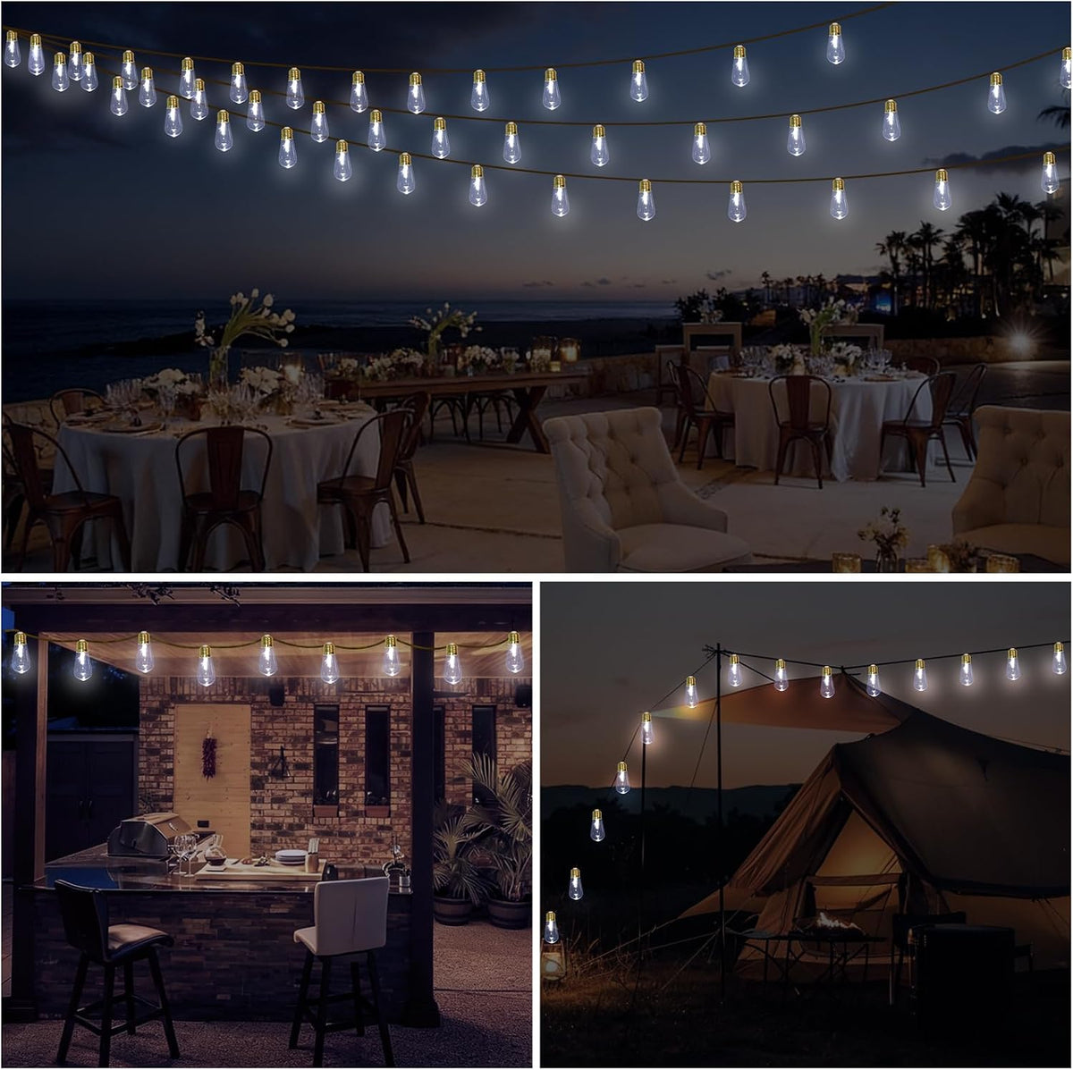 (New) Outdoor String Lights, 24FT LED Patio String Lights, UL-Plug Waterproof 8 Modes Rustic Hemp Rope String Lights, Shatterproof Plastic Bulbs for Backyard, Garden, Porch, Wedding, Christmas Decor