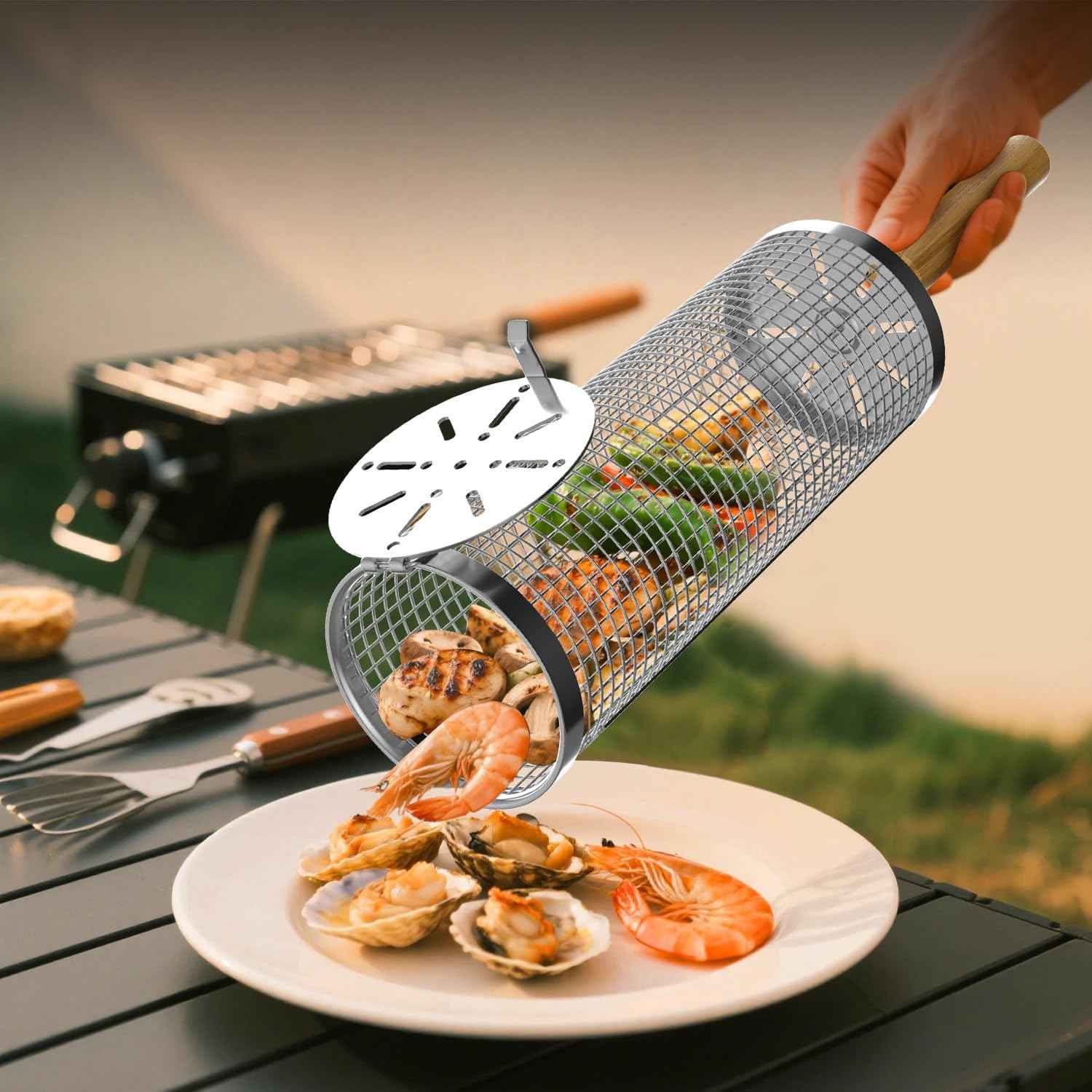 Rolling Grill Basket with Removable Wooden Handle, 304 Stainless Steel, Nesting Grilling Net BBQ Tool Accessories for Veggies, Shrimp, Outdoor Cooking, Camping Ideal Christmas Birthday Gifts