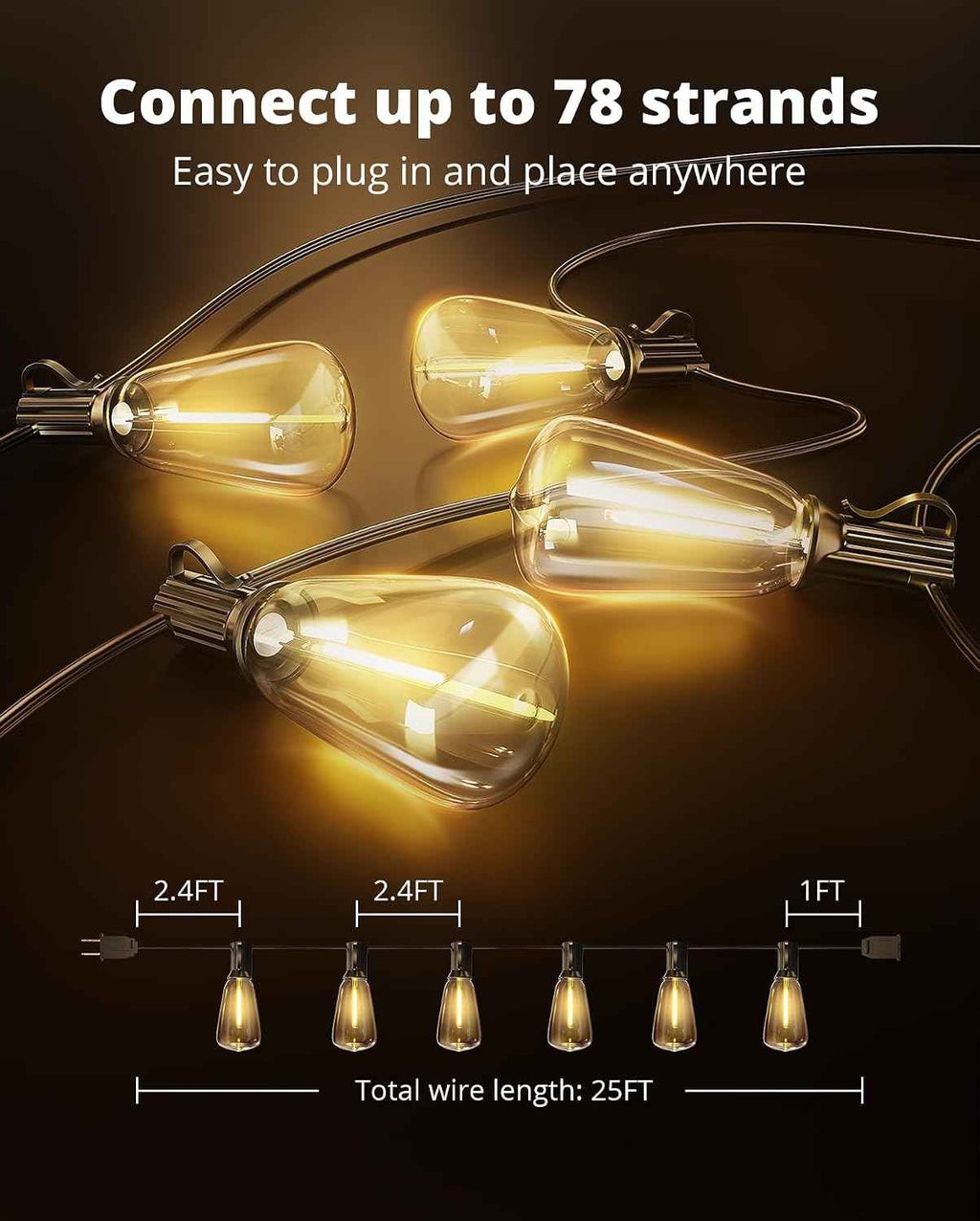 VIPAR Outdoor String Lights,25FT LED Patio Lights Waterproof 11 ST38 Bulbs | Shatterproof,Edison Outside Lights,Plug-In,2700K Dimmable, Connectable, Hanging Light for Porch Garden Backyard Deck Balcony