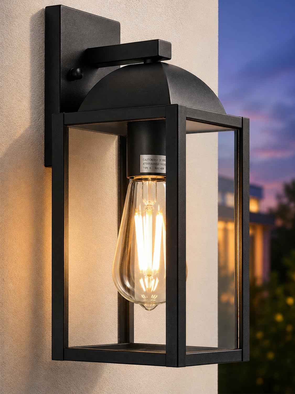 Outdoor Wall Sconce, Waterproof Exterior Lantern, E26 Glass, Black, 1 Pack | Modern matte black exterior fixture with glass shade and E26 socket for porch, patio, entryway, garage, front door, and house