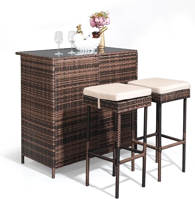 Outvita Outdoor Bar Table, 3 Piece Rattan Patio Bar Set by Outvita
