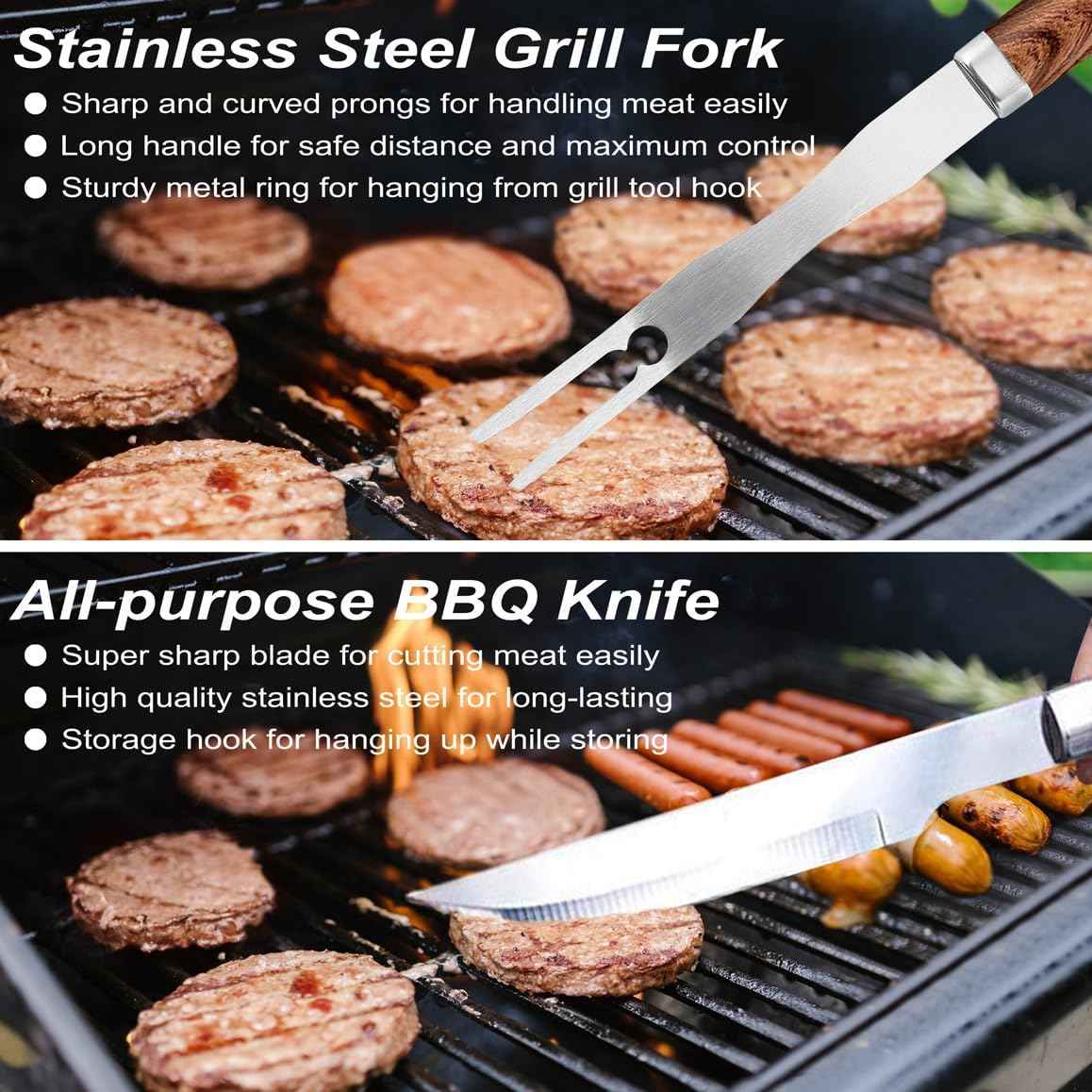 POLIGO 22PCS Heavy Duty BBQ Grill Accessories Set, Non-Slip Grill Tools for Outdoor Grill Set Stainless Steel Grill Utensils Set, Deluxe Grilling Tools Set in Aluminum Case Ideal Gifts for Men Brown