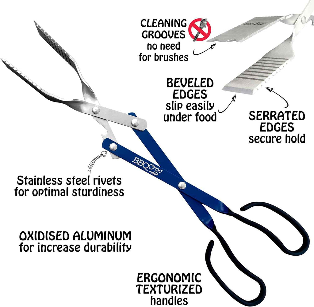 3 in 1 Barbecue Tool 18-inch by BBQ Croc - Light and Long Tongs, Spatula and Grill Scraper (Blue) (18 inch Without Flashlight)