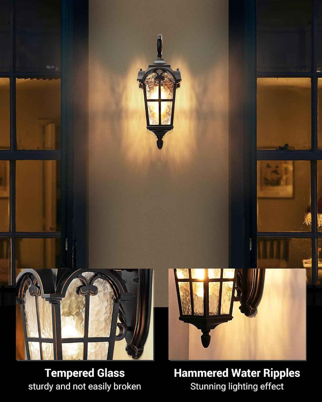 DEWENWILS Outdoor Wall Light Fixtures, Black Roman 17.7" H Exterior Wall Lantern, Anti-Rust & Waterproof, Water Ripple Glass, Outside Wall Sconce Porch Light for House, Garage