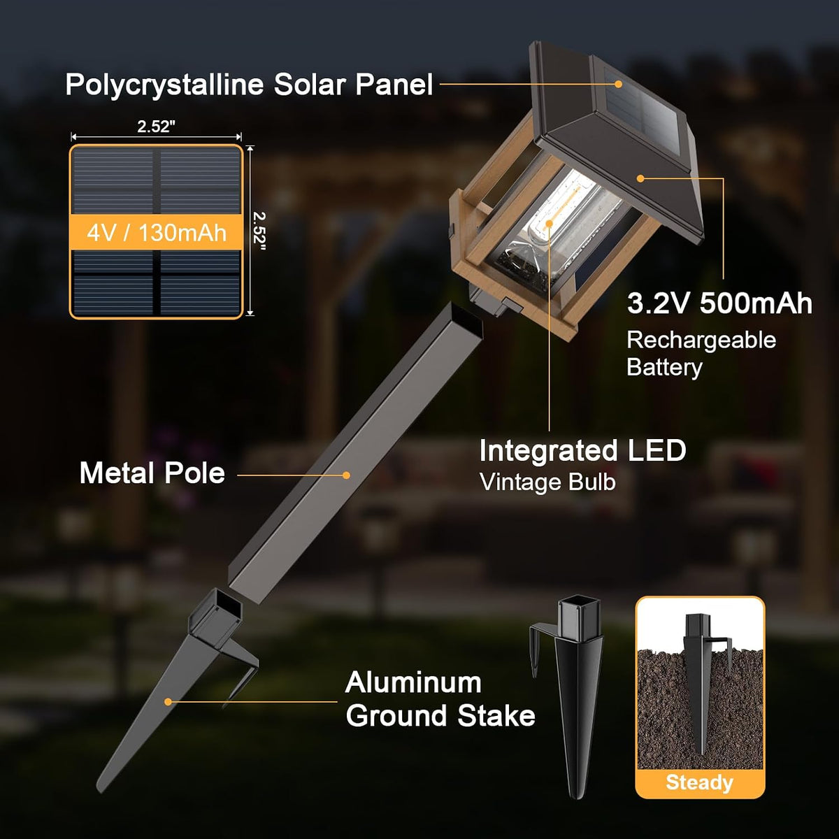 XMCOSY+ 4-Pack Solar Pathway Lights Outdoor, 25 Lumens Solar Garden Lights | IP65 Waterproof Seeded Glass & Metal Stakes, 2-Tone Vintage Edison LED Landscape Lighting for Yard, Patio, Walkway & Driveway