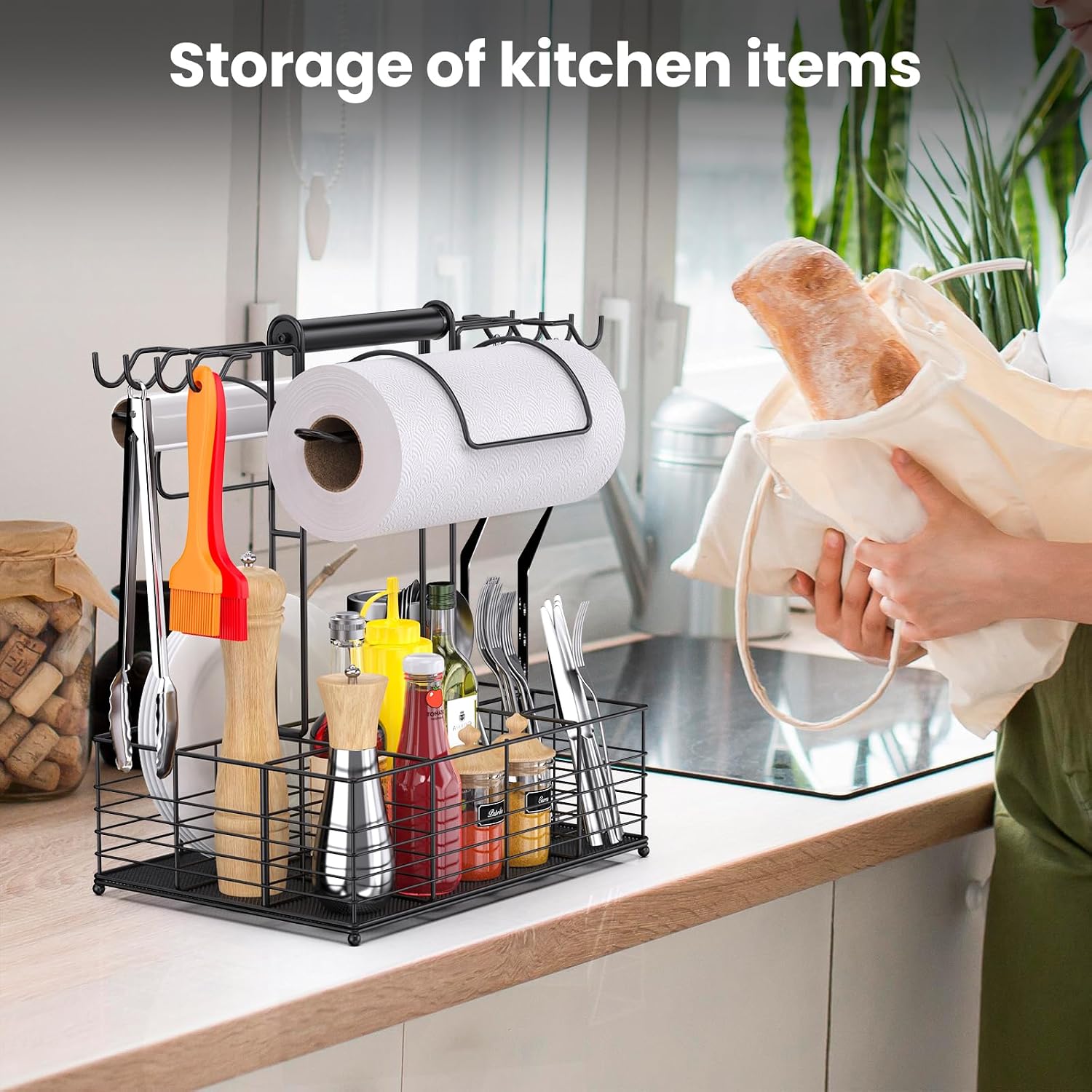 Grill Caddy for Outdoor Grill with 2 Paper Towel Holders,Barbecue Tool Sets Storage Organizer,BBQ Caddy for Outdoor Grill with 9 Compartments & 8 Hooks,Picnic Caddy Grilling Gifts for Men