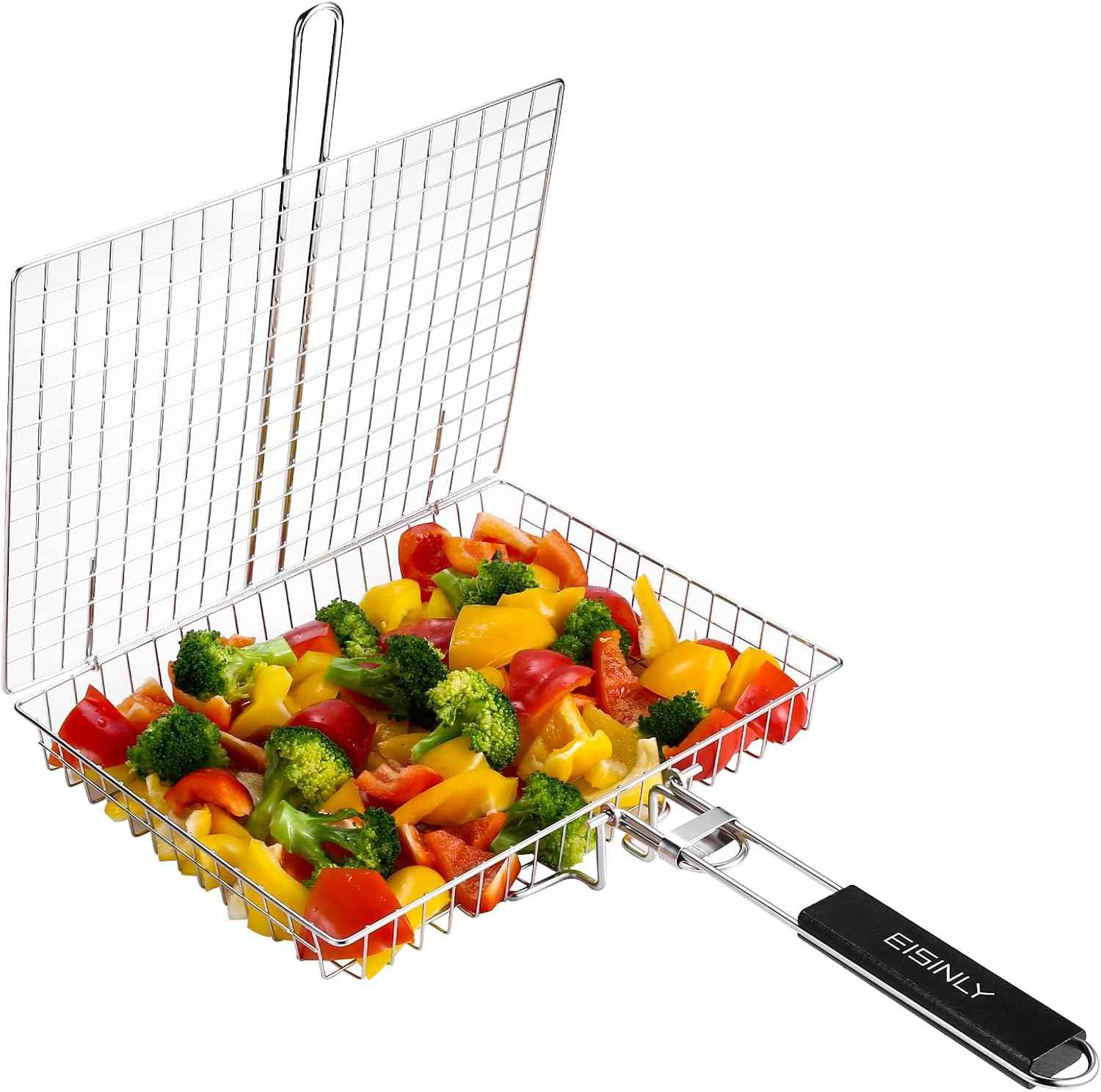 Eisinly BBQ Grilling Basket for Outdoor Grill with Removable Handle | Portable Grill Basket, Stainless Steel Camping Cooking Grill Accessories for Chicken Fish Vegetable, Easy to Clean