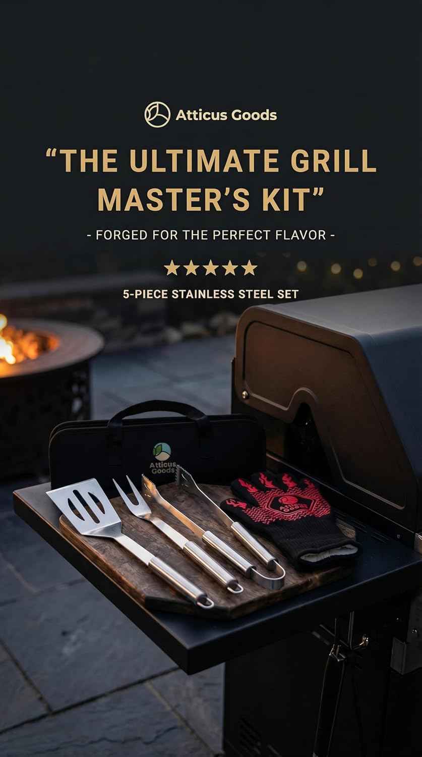 Stainless Steel Grill Set, 5 Piece Heavy Duty Barbecue Tools, BBQ Grilling Accessories Grill Kit with Tongs, Spatula, Fork, Gloves and Zippered Carry Bag, BBQ Grill Accessories