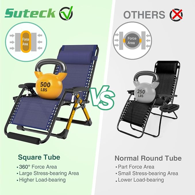 Suteck Oversized Zero Gravity Chair, 29In XL Outdoor Recliner Chair w/Removable - Image 6