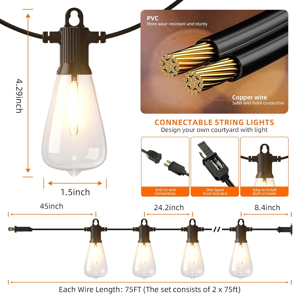 Kawaya Outdoor Lights String LED Patio Lights: 150FT Waterproof Commercial Grade Vintage String Lights for Outside - 72+3 Shatterproof ST38 Edison Bulbs for Porch Bistro Backyard Cafe (75FTx2)
