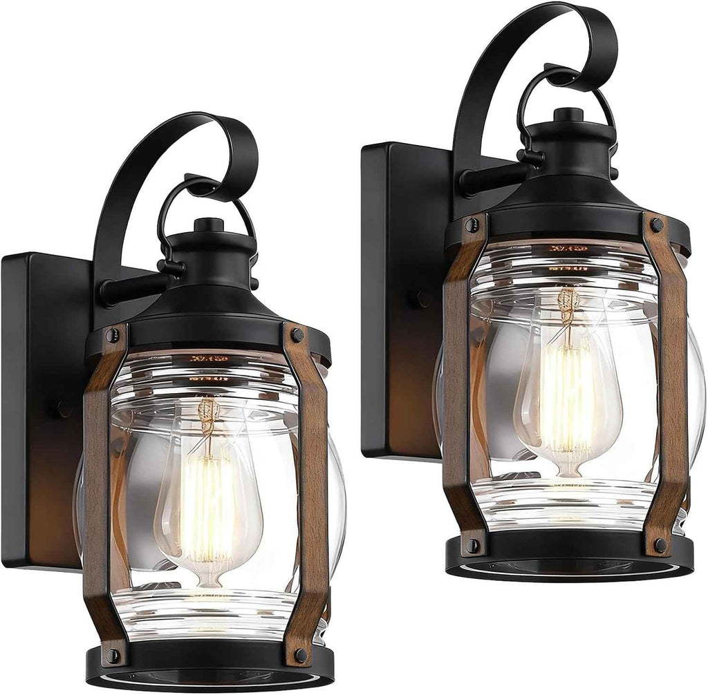 Outdoor Wall Lantern Lights, Black Exterior Wall Sconce Garage Light Fixtures, Farmhouse Outdoor House Lights Wall Mount, Decorative Front Porch Light Waterproof with Barnwood Accents & Glass, 2 Pack