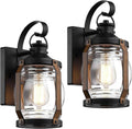 Outdoor Wall Lantern Lights, Black Exterior Wall Sconce Garage Light Fixtures, Farmhouse Outdoor House Lights Wall Mount, Decorative Front Porch Light Waterproof with Barnwood Accents & Glass, 2 Pack