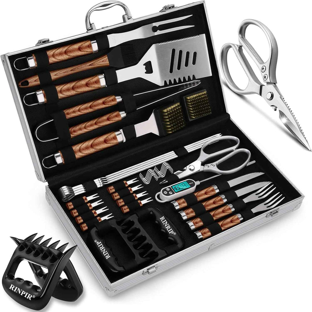 RINPIR 35pcs Grilling Tools Set with Aluminum Case for Men Dad Gifts,Brown | Stainless Steel, BBQ Accessories Kit with Scissors, Professional Grill Utensils, for Outdoor Camping, Christmas, Birthday