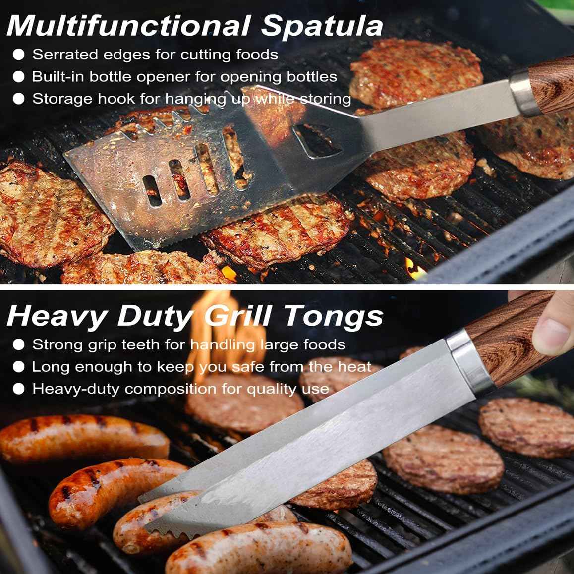 POLIGO 22PCS Heavy Duty BBQ Grill Accessories Set, Non-Slip Grill Tools for Outdoor Grill Set Stainless Steel Grill Utensils Set, Deluxe Grilling Tools Set in Aluminum Case Ideal Gifts for Men Brown