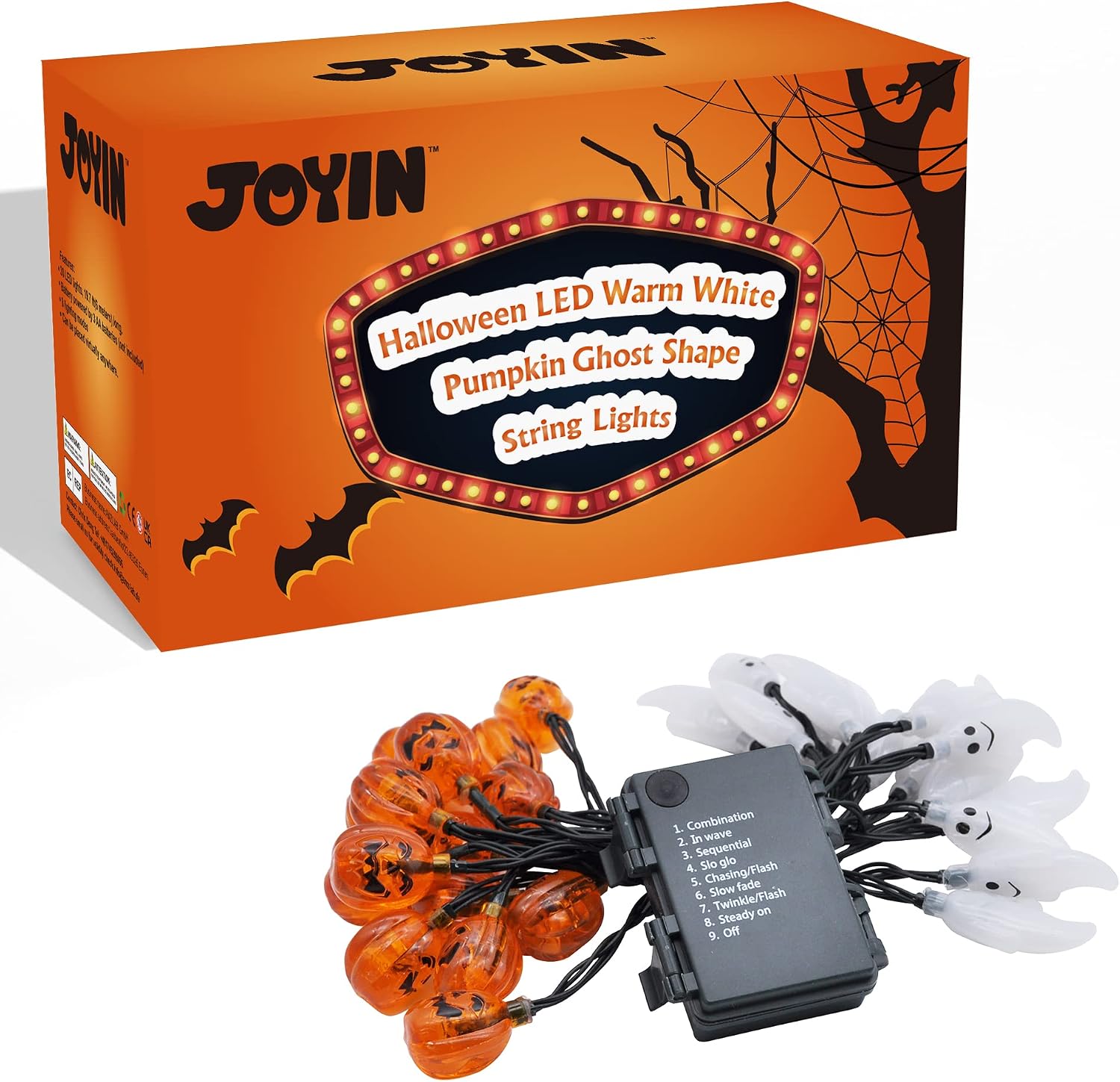JOYIN Halloween String Lights Decorations, 19.7FT 30 LED Battery Operated Ghost Pumpkin 3D String Light with 8 Lighting Modes for Home Indoor Outdoor Halloween Party Decor(Orange/White Color)