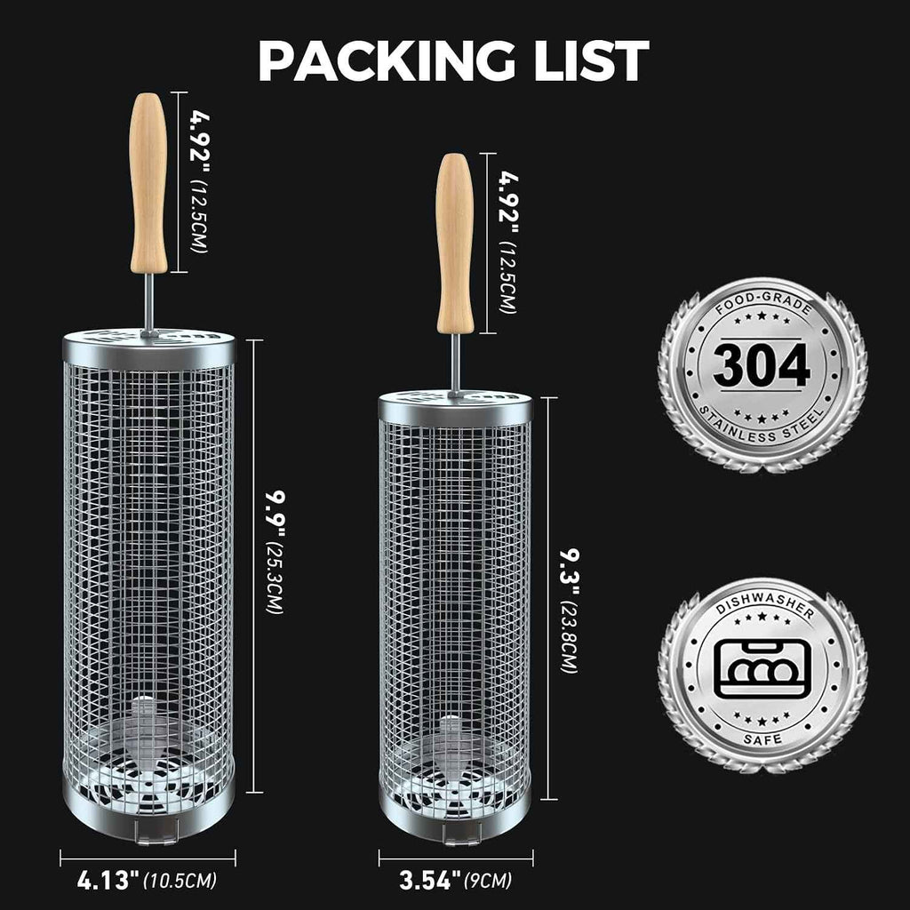 Rolling Grill Basket(2PCS), Removable Wooden Handle, 304 Stainless Steel, Grilling Accessories Tools for Vegetables Meat Food, Outdoor Camping Grilling, Birthday Gifts for Men Husband Men