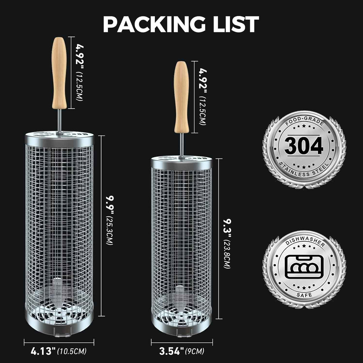Rolling Grill Basket(2PCS), Removable Wooden Handle, 304 Stainless Steel, Grilling Accessories Tools for Vegetables Meat Food, Outdoor Camping Grilling, Birthday Gifts for Men Husband Men