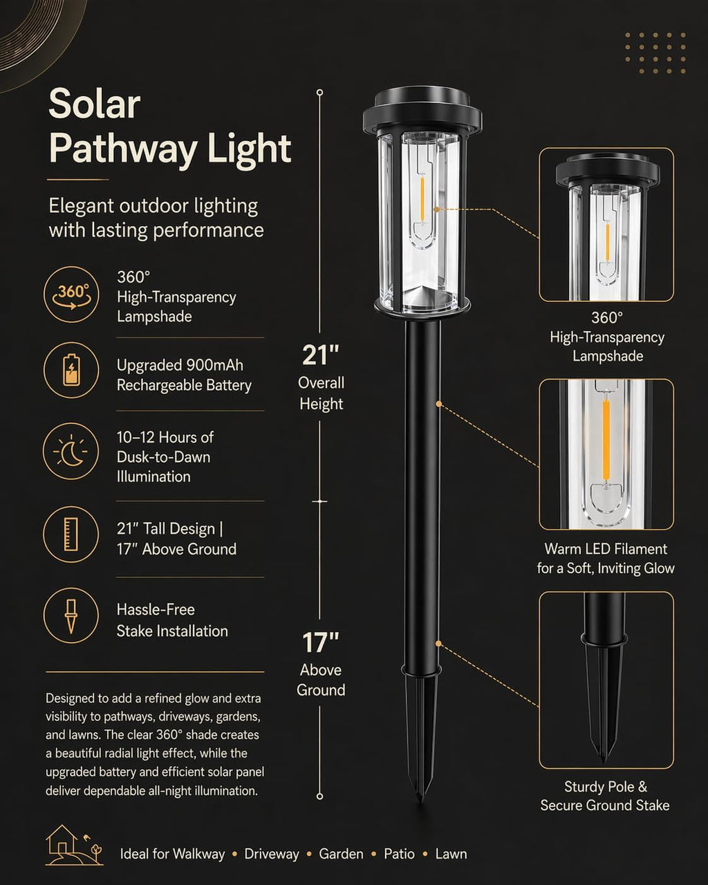 DERAYSION Solar Lights Outdoor Pathway, 8 Pack LED Solar Garden Lights | 21" Dusk to Dawn Bright Pathway Lights Solar Powered Waterproof Outdoor Solar Lights for Garden Yard Path Driveway, 6000K