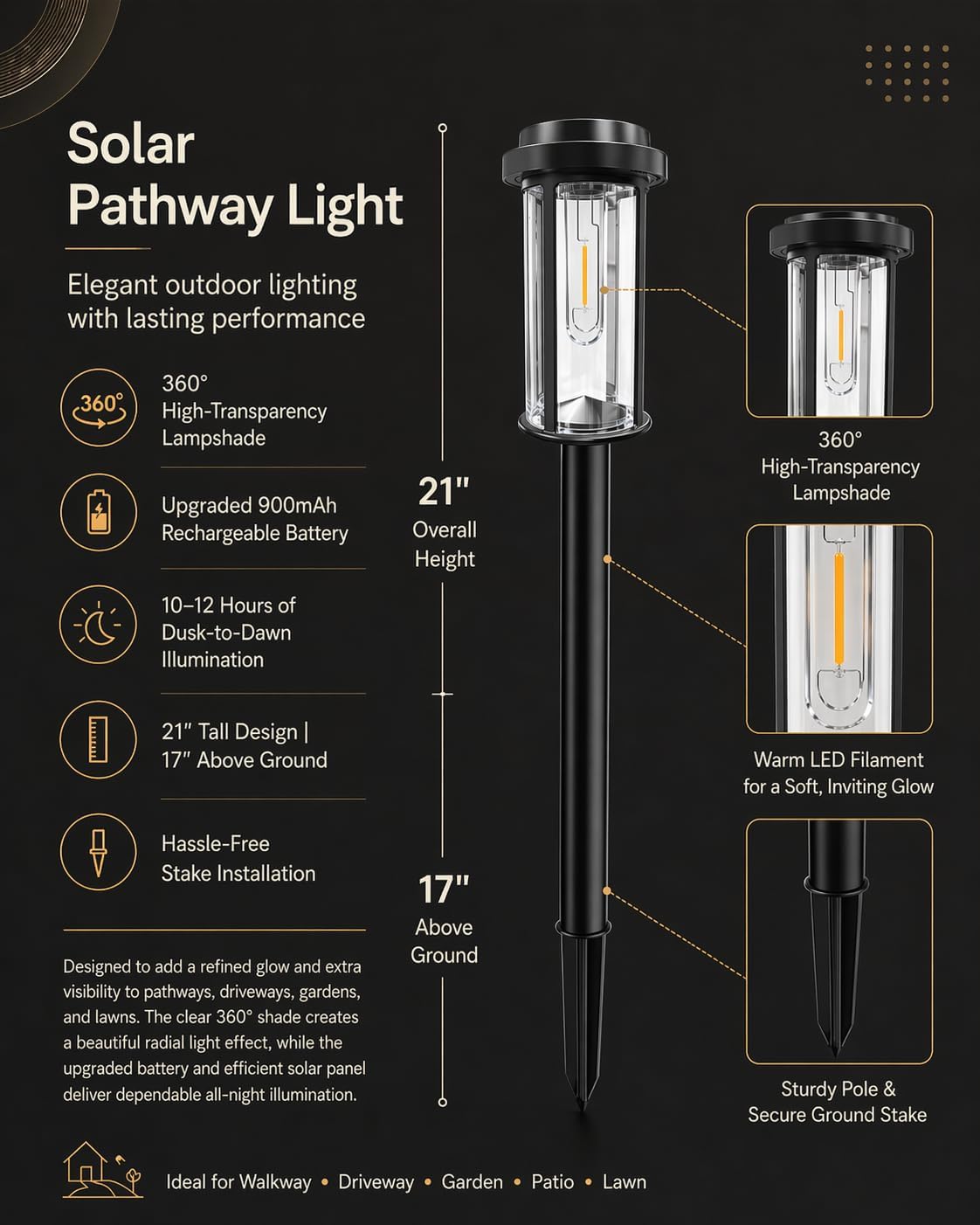 DERAYSION Solar Lights Outdoor Pathway, 8 Pack LED Solar Garden Lights | 21" Dusk to Dawn Bright Pathway Lights Solar Powered Waterproof Outdoor Solar Lights for Garden Yard Path Driveway, 6000K