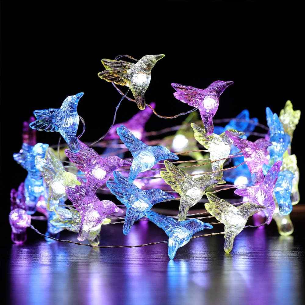 WSgift Hummingbird Decorative String Lights, 13.85 Ft 40 Cool White LED Weatherproof Battery Operated 8 Modes Spring Fairy Lights for Holiday Parties Bedrooms Weddings Gardens with Remote and Timer