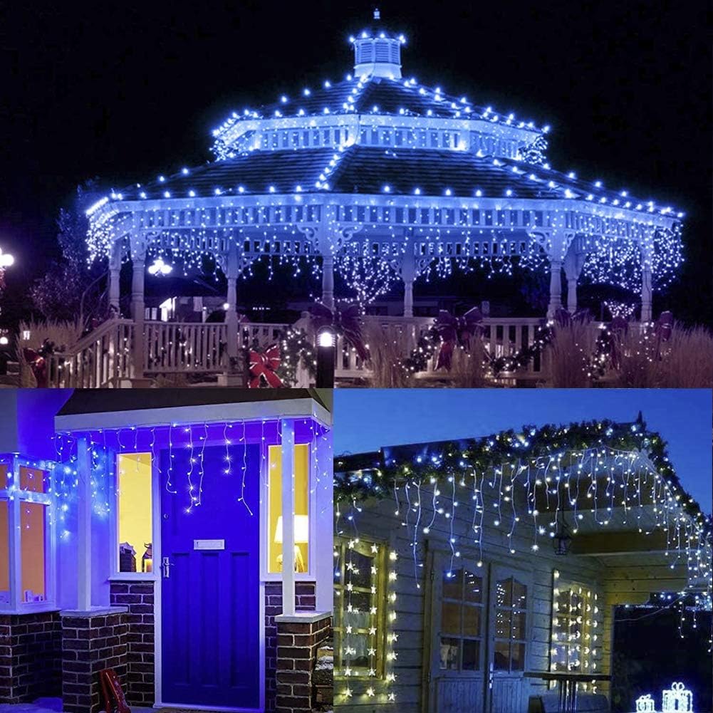 Christmas Icicle Lights Outdoor,300 LED 33FT Hanging String Lights | 50 Drops Connectable,8 Modes & Memory, Plug In Hanging Twinkle Lights for Bedroom,Curtain,Roof,Party,Xmas Decor,Blue White