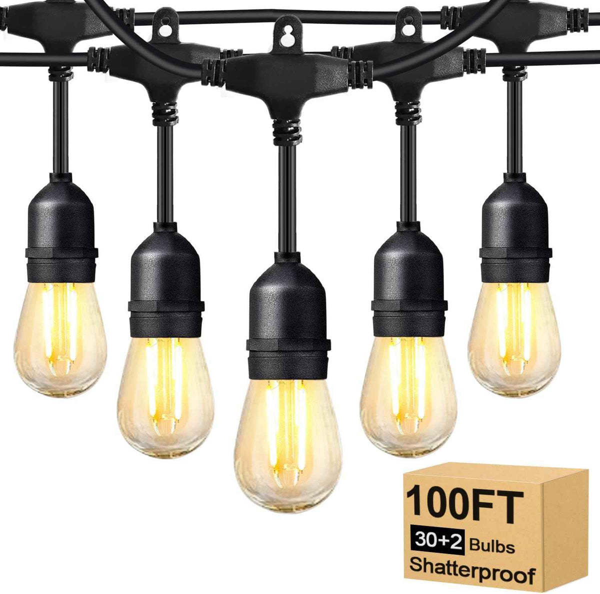 BRIMAX 2W 100FT Outdoor String Light Commercial Grade with 32 S14 LED Bulbs | Shatterproof Dimmable Patio String Lights Heavy Duty Waterproof for Bistro Cafe Market 2700K