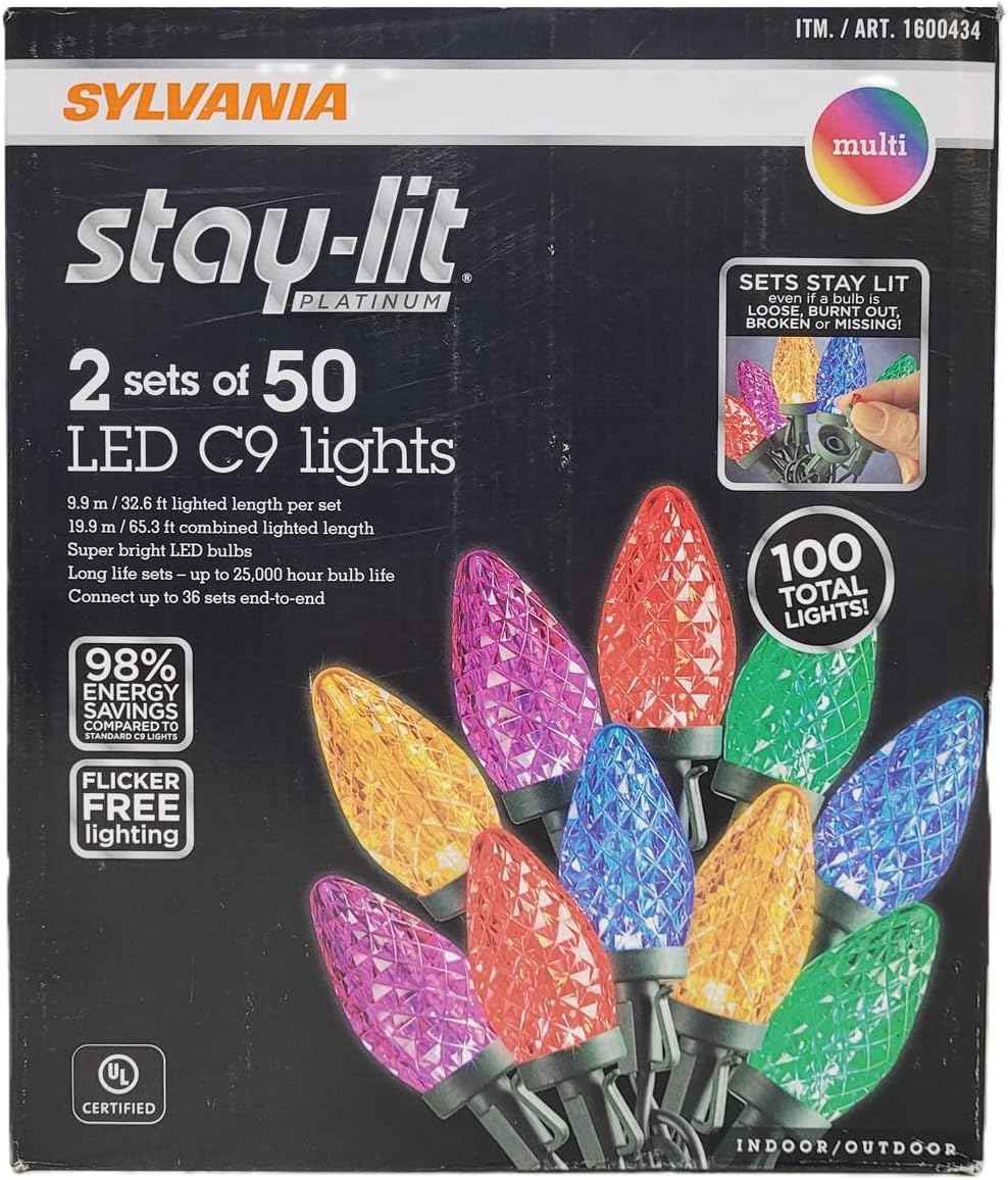 SYLVANIA Stay-Lit Platinum Strings Christmas Lights - LED C9 Multi Color Lights - (2 Strings of 50 Lights)