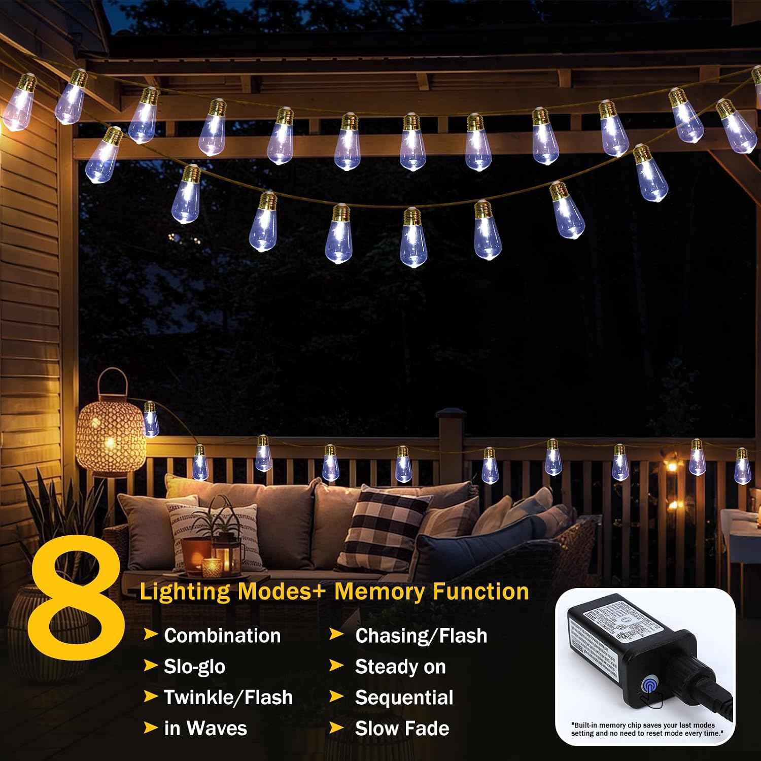 (New) Outdoor String Lights, 24FT LED Patio String Lights, UL-Plug Waterproof 8 Modes Rustic Hemp Rope String Lights, Shatterproof Plastic Bulbs for Backyard, Garden, Porch, Wedding, Christmas Decor