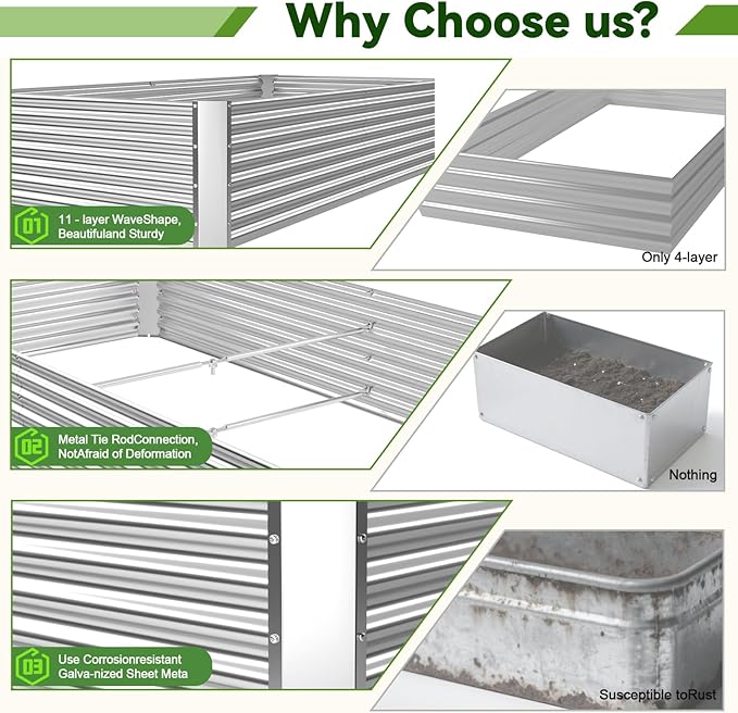 3 Pack 8x4FT Raised Beds for Gardening, Corrugated Galvanized Steel Raised - Image 3