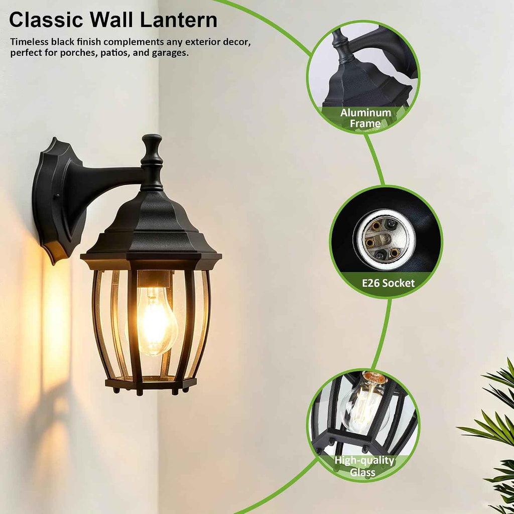 LIT-PaTH Outdoor Wall Light Fixture, Rustproof Aluminum Glass, Black | Large Exterior Porch Light Wall Sconce Lantern for House, Patio, Garage, Waterproof, E26 Socket 60W Max