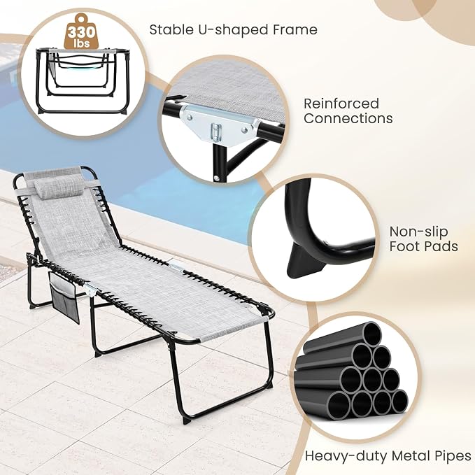 GYMAX Lounge Chairs for Outside, Extra High Folding Beach Tanning Lounger - Image 6