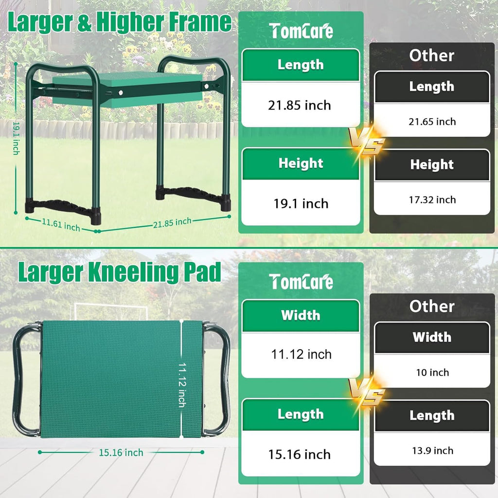 TomCare Garden Kneeler and Seat, 11.12" Kneeling Pad Sturdy Garden Bench | Heavy Duty Garden Stool, 450 lbs Load Capacity, 2 Tool Pouches, Foldable Design, Gardening Gift for Women, Men and Gardeners