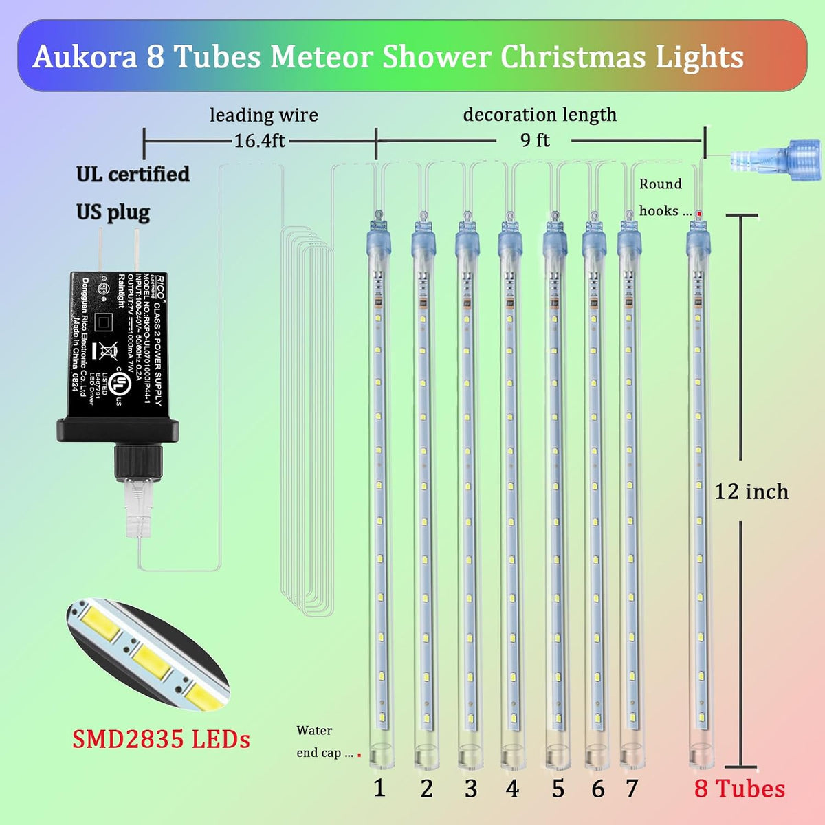 Aukora Christmas Lights Outdoor, UL Certified Blue Meteor Shower Lights | 8Tubes 192LED Falling Rain Drop Snow Icicle String Lights, Decor for Xmas Tree Party Wedding Holiday Yard Backyard Patio