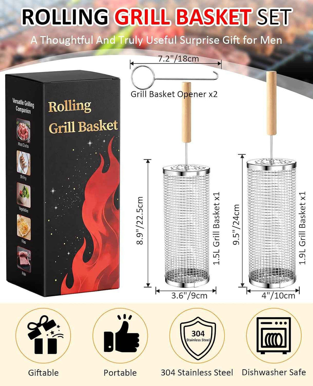 Rolling Grill Basket, Grill Gift for Men, Removable Wooden Handle, 304 Stainless Steel, Nesting BBQ Tools for Vegetable, Outdoor Smoker Camping Accessories, Ideal Gifts for Men Dad Husband Birthday