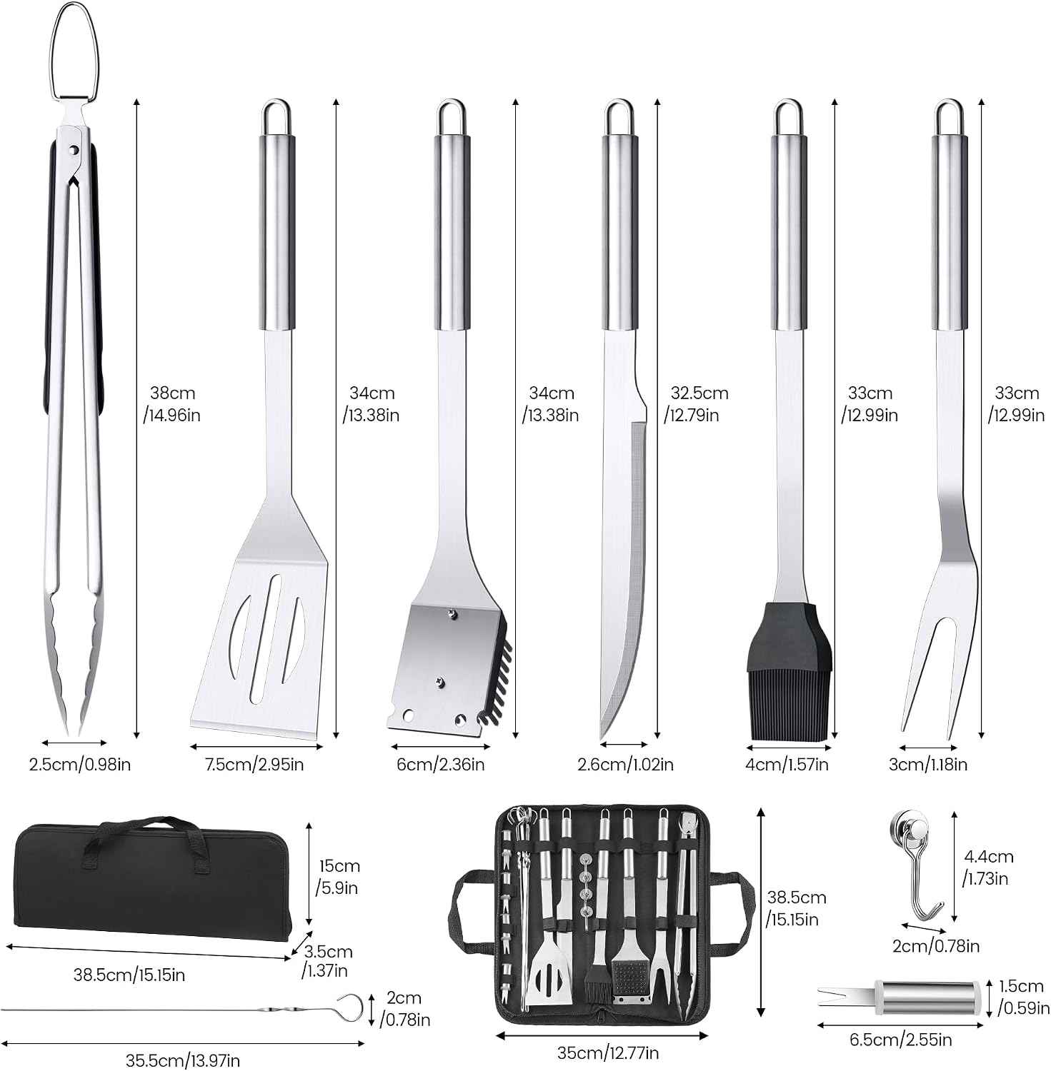 BBQ Accessories Grill Tools Set,Stainless Steel Barbecue Grill Accessories | Easy to Carry,with Canvas Bag,Barbecue Utensils Grilling Accessories,for Outdoor Barbecue,Gifts for Men ( Sliver-22PCS )